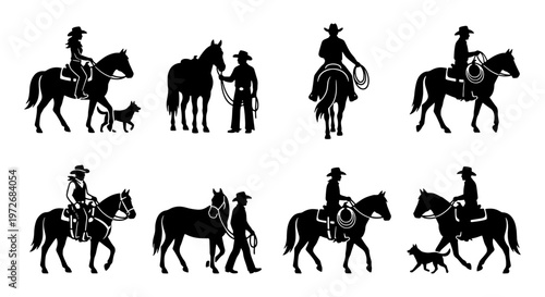 Cowboy and horse silhouettes set, 8 western rider vector elements, ranch life and equestrian sport icons, wild west rodeo characters