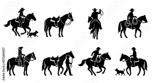 Western cowboy silhouette collection, 8 horse riding vector elements, equestrian ranch life icons, black stallion and rider silhouettes for wild west design