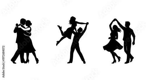 Ballroom dancing silhouettes set, elegant couple dancers performing tango and swing, black vector icons of romantic partners in motion