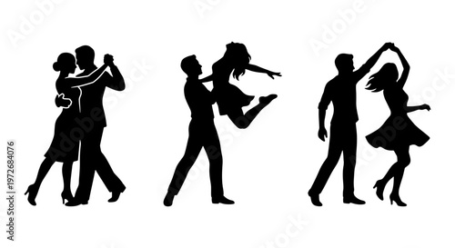Dancing couple silhouettes vector set, ballroom dance partners in elegant poses, romantic salsa and swing dancers, black figures on white background