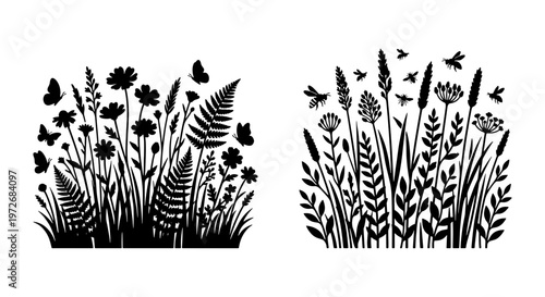 Wildflower meadow silhouette vector set, black floral grass and butterfly garden elements, botanical field plant illustrations for laser cutting
