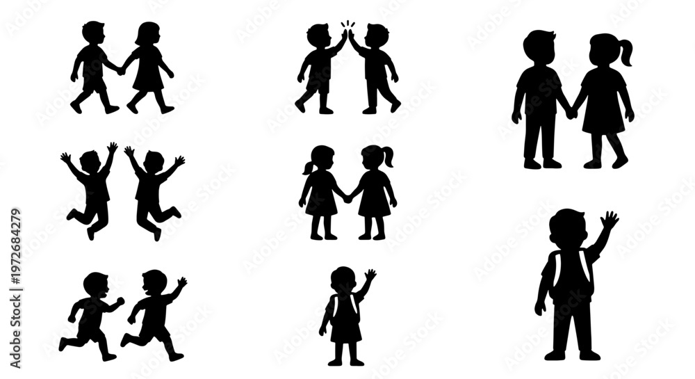 Fototapeta premium Children silhouettes collection, black vector icons of kids playing and walking, set of 8 school children figures for educational design