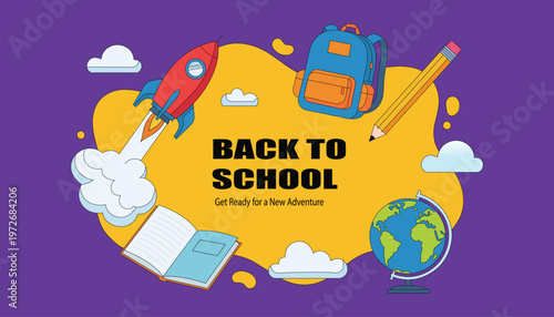 Back to School Banner with Rocket Backpack and Supplies