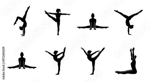 Gymnastics silhouette set of 8 female athletes, rhythmic gymnastics poses and yoga stretching positions, black vector icons on white background