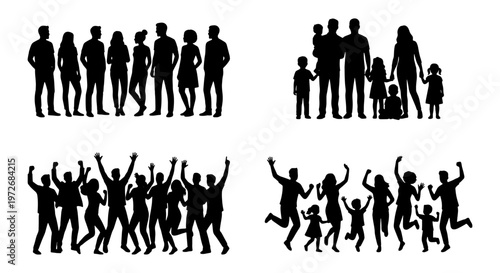 People silhouettes collection, diverse group of men and women standing, happy family with children, cheering crowd and jumping people vector set