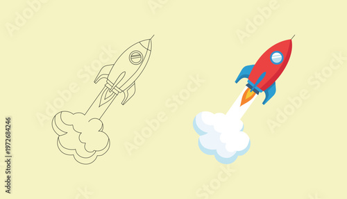 Rocket Outline and Colored Launch Illustration Space Concept