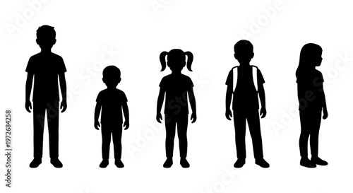 Black silhouettes of school children, group of five diverse kids standing in a row, elementary student figures for education and back to school design