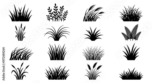 Black grass silhouette set with 16 plant icons. Minimalist meadow weeds and marsh reed tufts. Botanical lawn turf and field foliage vector elements.