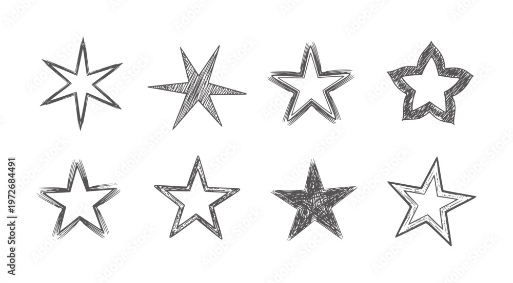 Obraz premium Collection of eight hand drawn dark grey stars white symbol