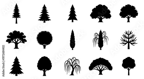 Black tree silhouettes set, 15 forest and park tree icons, minimalist nature vector elements, deciduous and coniferous tree shapes for landscape design