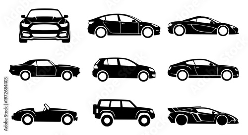 Modern car icons set, black silhouette vehicle collection, 9 vector car symbols including sedan, suv, sports car and muscle car for automotive design