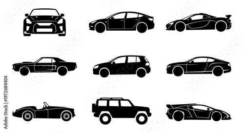 Black car silhouette icons set, 9 vector vehicle symbols including sports car, sedan, SUV and coupe, automotive transport graphic elements