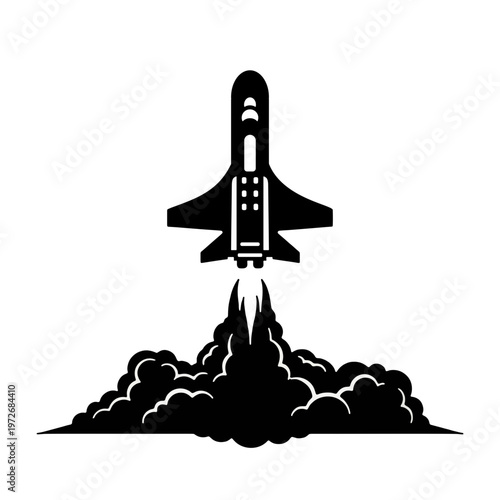 Space shuttle silhouette launching toward the moon
