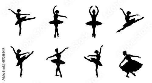 Graceful ballerina silhouettes set, 8 vector ballet dancer icons in various poses, elegant female performers in tutus, classical dance choreography elements