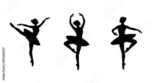 Graceful ballerina silhouette set, elegant ballet dancer poses in black vector, classical dance performance figures on white background