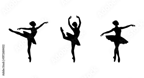 Graceful ballerina silhouettes in various poses, set of 3 ballet dancer vector icons, elegant female performers in tutu and pointe shoes