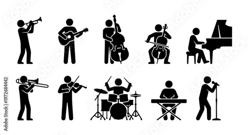 Musical instrument stick figures, 10 black icons of musicians playing instruments, orchestra and band performer silhouettes, music concert vector set