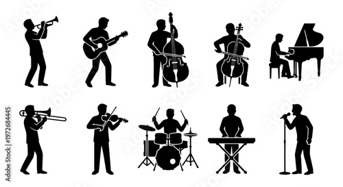 Musical instruments silhouette set, 10 musician icons with band performers, black orchestra and jazz band silhouettes, vector music concert elements