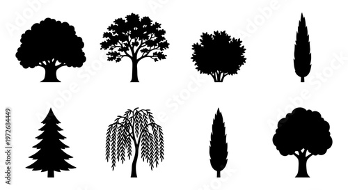 Black tree silhouette collection, set of 8 nature vector icons, minimalist forest and garden plant shapes for landscape design and architectural site plans