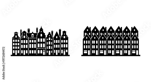 European old town house silhouettes, black and white Dutch canal building vectors, traditional historic city architecture icons, vintage urban street facade