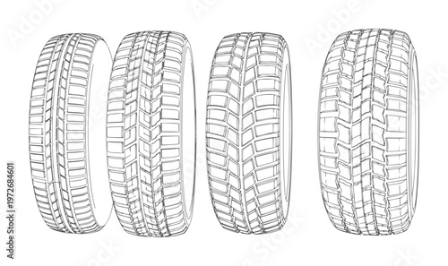 Four black and white line car tires showing tread patterns vehicle transport rubber
