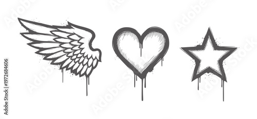Gray graffiti wing heart and star dripping paint