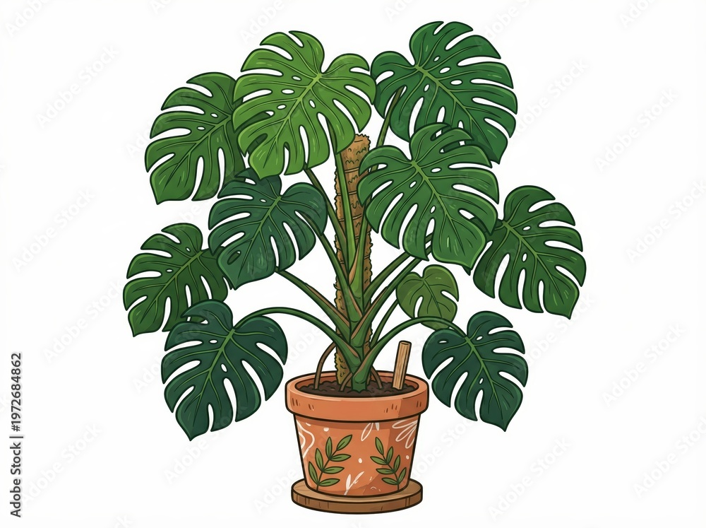 Fototapeta premium Lush Monstera Plant in Decorative Pot with Green Leaves and Natural Vibe