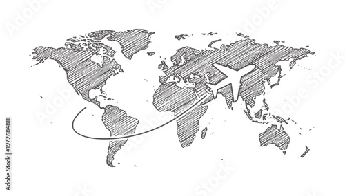 Hand drawn map with airplane flying across continents travel flight global