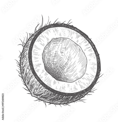 Hand drawn of a halved coconut with fibrous husk and white flesh fruit tropical food