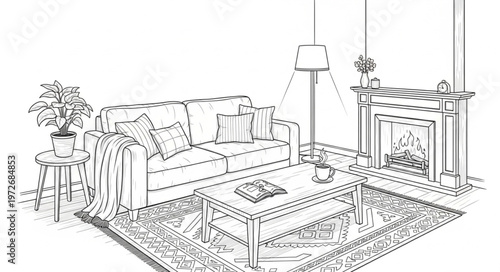 Cozy Living Room Sketch - Sofa, Fireplace, and Rug.