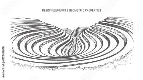 Hand drawn of curved terraced landscape with flowing lines handdrawn