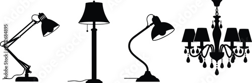 Elegant black silhouette vector set of interior lighting fixtures including adjustable desk lamps, classic floor lamp, and ornate chandelier isolated on white background.