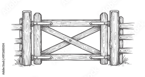 Rustic wooden farm gate with cross bracing and fence detail