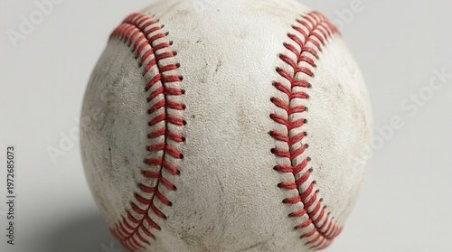 Close-Up Photo of Used Baseball with Red Stitching on White Leather Surface