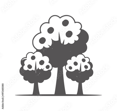 Stylized dark grey trees with round foliage and fruit white nature
