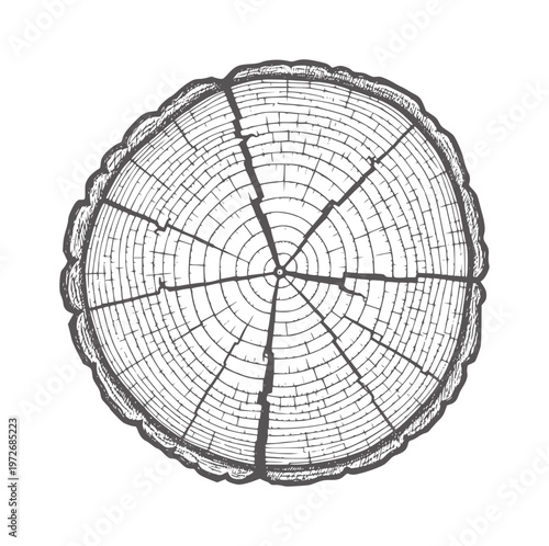 Wood grain cross section with visible rings and bark texture