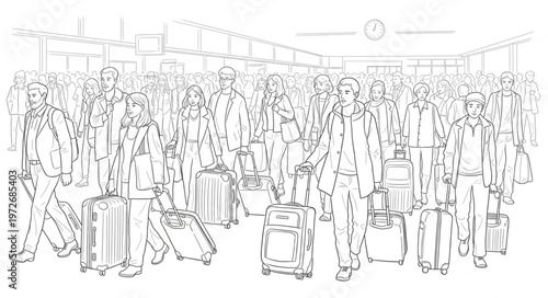 Crowded Airport Terminal Scene - People Waiting with Luggage.