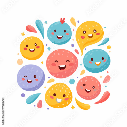 there are eight  orange,violet,yellow,blue,and white background circular emoji faces icon set