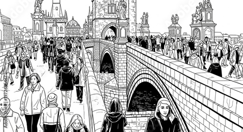 Crowded Bridge Scene - A Detailed Black and White Sketch.
