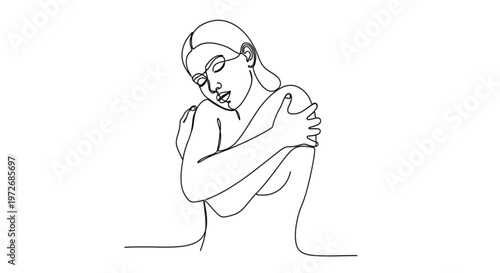 High Quality Black Continuous Line Self-Love Hug – Minimal Self-Care & Comfort Illustration