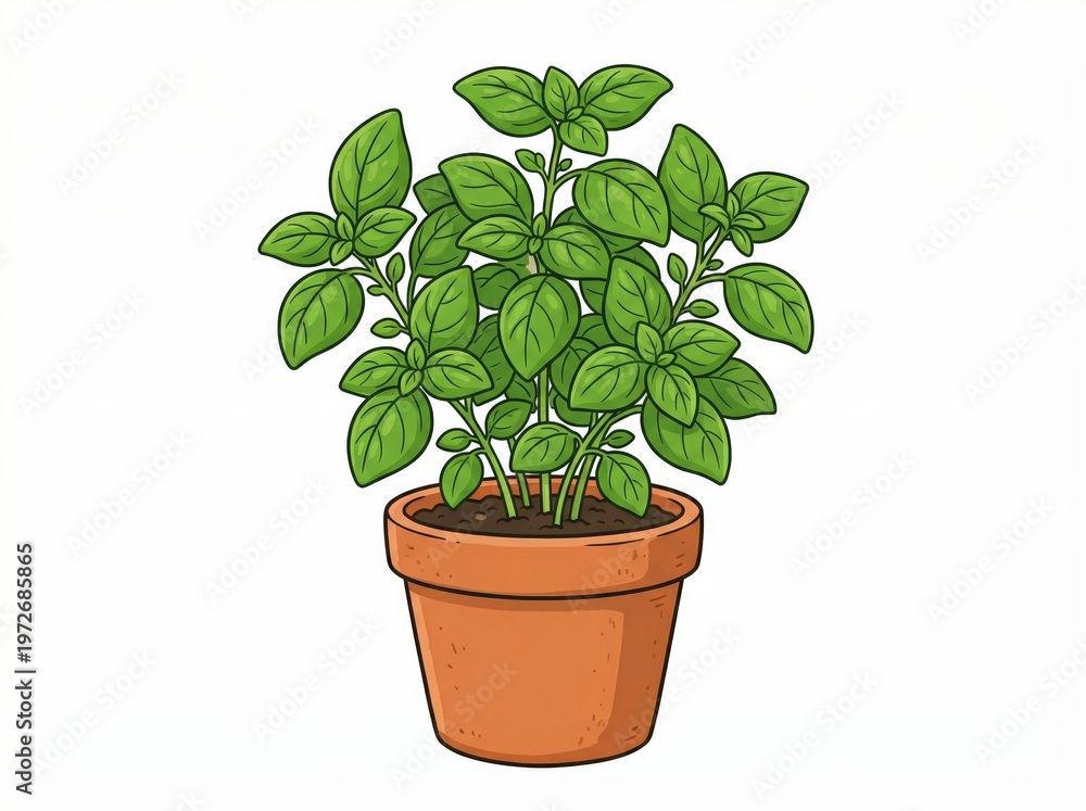 Obraz premium Fresh Green Basil Plant in Terracotta Pot for Culinary and Aromatic Usage