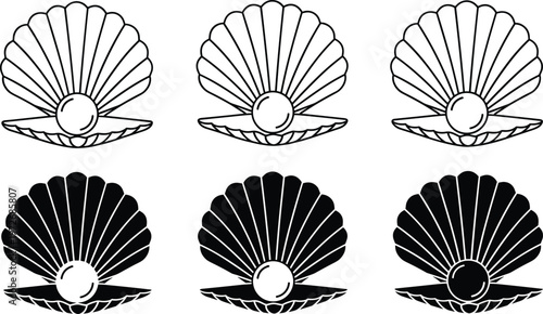 Scallop shell with pearl vector illustration set, seashell icons in line art and black silhouette style isolated on white background for design.