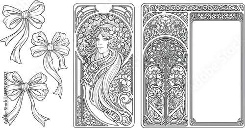 Art Nouveau Style Coloring Page Vector Set with Elegant Woman Portrait, Floral Frames, Ornate Borders, and Ribbon Bows for Adult Creativity