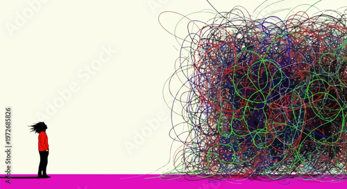 Confused person, colorful scribbles, abstract concept, mental chaos