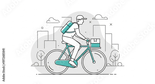 Cyclist Riding Bicycle in Urban Environment with Backpack.
