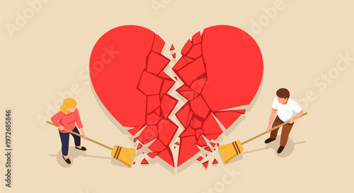 Broken heart, couple pulling apart, love conflict, relationship problems, vector illustration