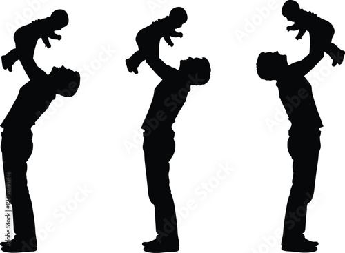 Black silhouette of father lifting baby high in the air set isolated on white background for Father's Day and parenting