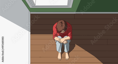 Sad woman sitting alone on floor, depression and anxiety concept, vector illustration, mental health, loneliness