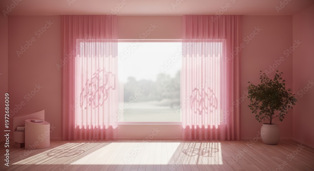 Fototapeta premium Serene bedroom with elegant pink curtains and natural light streaming in