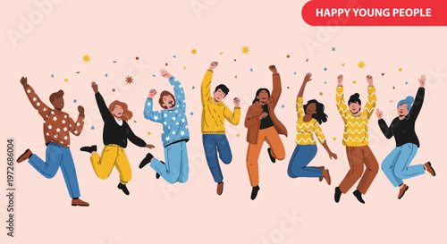 Diverse young adults jumping, happy people icons, colorful illustration, celebration graphics